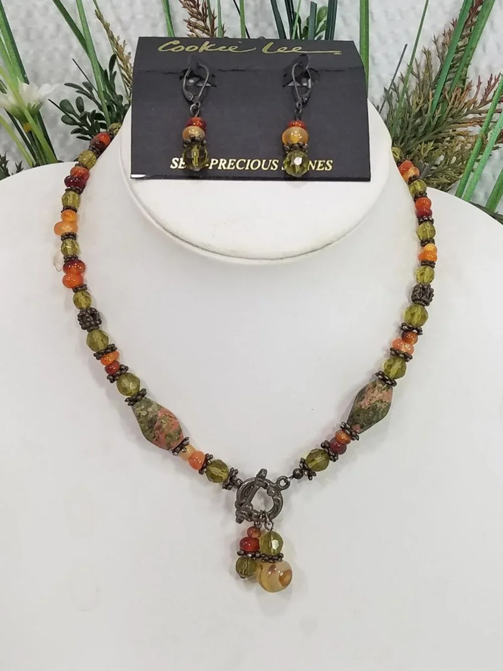 Vintage Cookie Lee Semi Precious Unakite Jasper Choker Necklace Earring Set NWT